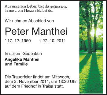 Traueranzeige von Peter Manthei von Echo-Zeitungen (Gesamtausgabe)