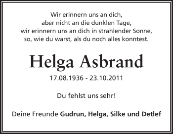 Traueranzeige von Helga Asbrand von Rüsselsheimer Echo, Groß-Gerauer-Echo, Ried Echo