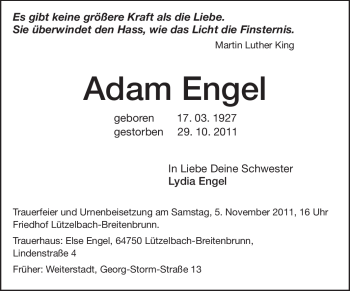 Traueranzeige von Adam Engel von Echo-Zeitungen (Gesamtausgabe)