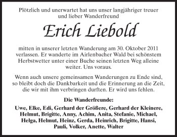 Traueranzeige von Erich Liebold von Odenwälder Echo