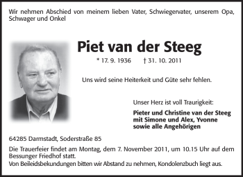 Traueranzeige von Piet van der Steeg von Darmstädter Echo, Odenwälder Echo, Rüsselsheimer Echo, Groß-Gerauer-Echo, Ried Echo