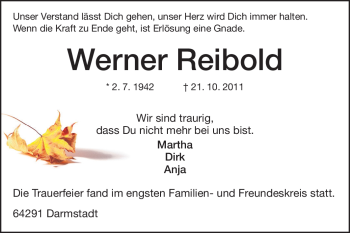Traueranzeige von Werner Reibold von Darmstädter Echo, Odenwälder Echo, Rüsselsheimer Echo, Groß-Gerauer-Echo, Ried Echo