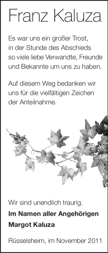 Traueranzeige von Franz Kaluza von Rüsselsheimer Echo, Groß-Gerauer-Echo, Ried Echo