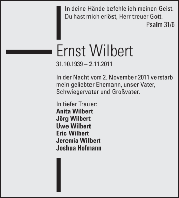 Traueranzeige von Ernst Wilbert von Echo-Zeitungen (Gesamtausgabe)
