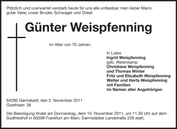 Traueranzeige von Günter Weispfenning von Echo-Zeitungen (Gesamtausgabe)