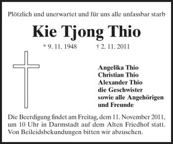 Traueranzeige von Kie Tjong Thio von Echo-Zeitungen (Gesamtausgabe)