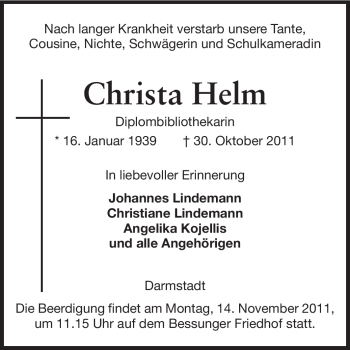 Traueranzeige von Christa Helm von Echo-Zeitungen (Gesamtausgabe)