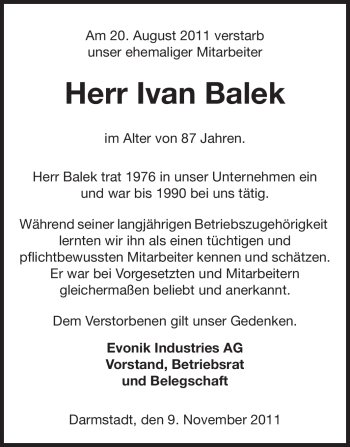 Traueranzeige von Ivan Balek von Echo-Zeitungen (Gesamtausgabe)