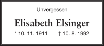 Traueranzeige von Elisabeth Elsinger von Rüsselsheimer Echo, Groß-Gerauer-Echo, Ried Echo