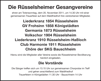Traueranzeige von Rüsselsheimer Gesangvereine von Rüsselsheimer Echo, Groß-Gerauer-Echo, Ried Echo