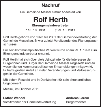 Traueranzeige von Rolf Herth von Echo-Zeitungen (Gesamtausgabe)