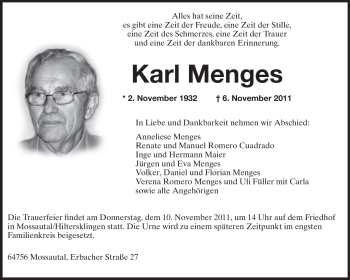Traueranzeige von Karl Menges von Odenwälder Echo