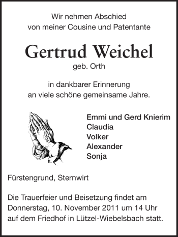 Traueranzeige von Gertrud Eva Weichel von Odenwälder Echo