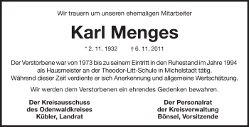 Traueranzeige von Karl Menges von Odenwälder Echo