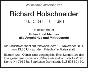 Traueranzeige von Richard Holschneider von Echo-Zeitungen (Gesamtausgabe)