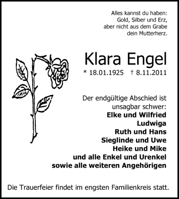 Traueranzeige von Klara Engel von Echo-Zeitungen (Gesamtausgabe)