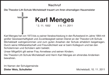 Traueranzeige von Karl Menges von Odenwälder Echo