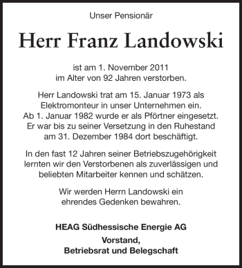 Traueranzeige von Franz Landowski von Echo-Zeitungen (Gesamtausgabe)