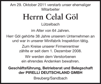 Traueranzeige von Celal Göl von Odenwälder Echo