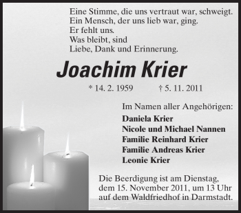 Traueranzeige von Joachim Krier von Echo-Zeitungen (Gesamtausgabe)