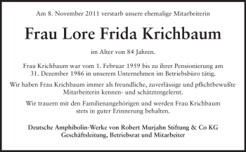 Traueranzeige von Lore Frida Krichbaum von Darmstädter Echo, Odenwälder Echo, Rüsselsheimer Echo, Groß-Gerauer-Echo, Ried Echo