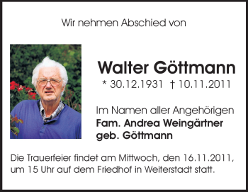 Traueranzeige von Walter Göttmann von Echo-Zeitungen (Gesamtausgabe)