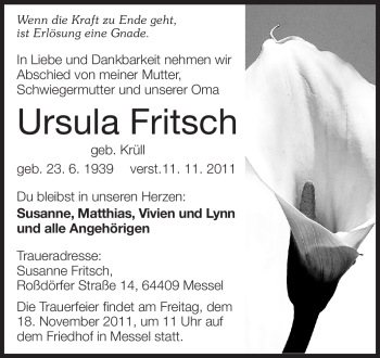 Traueranzeige von Ursula Frisch von Echo-Zeitungen (Gesamtausgabe)