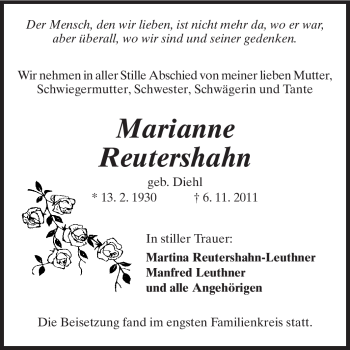 Traueranzeige von Marianne Reutershahn von Rüsselsheimer Echo, Groß-Gerauer-Echo, Ried Echo