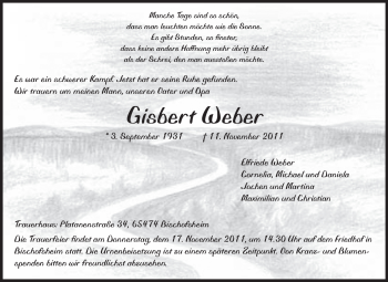 Traueranzeige von Gisbert Weber von Rüsselsheimer Echo, Groß-Gerauer-Echo, Ried Echo