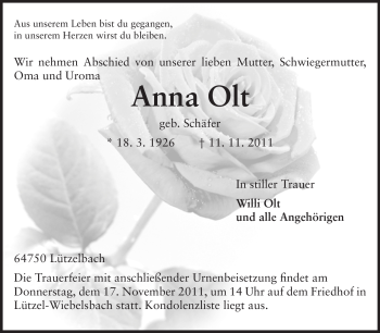 Traueranzeige von Anna Olt von Odenwälder Echo
