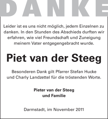 Traueranzeige von Piet van der Steeg von Echo-Zeitungen (Gesamtausgabe)