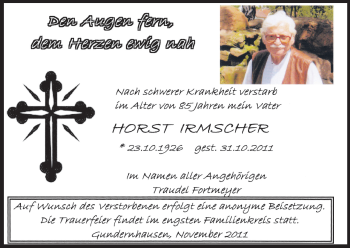 Traueranzeige von Horst Irmscher von Echo-Zeitungen (Gesamtausgabe)
