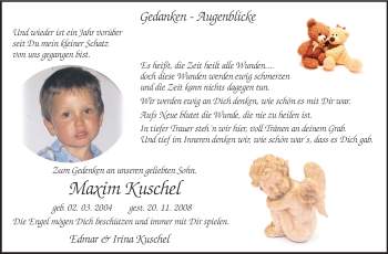 Traueranzeige von Maxim Kuschel von Darmstädter Echo, Odenwälder Echo, Rüsselsheimer Echo, Groß-Gerauer-Echo, Ried Echo