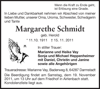 Traueranzeige von Margarthe Schmidt von Odenwälder Echo