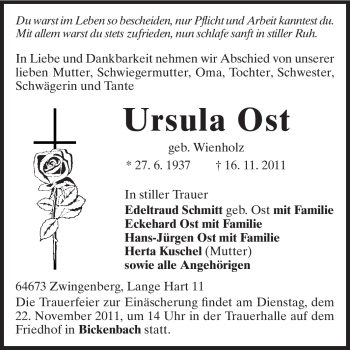 Traueranzeige von Ursula Ost von Echo-Zeitungen (Gesamtausgabe)