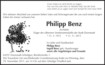 Traueranzeige von Philipp Benz von Echo-Zeitungen (Gesamtausgabe)