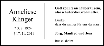 Traueranzeige von Anneliese Klinger von Rüsselsheimer Echo, Groß-Gerauer-Echo, Ried Echo
