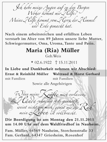 Traueranzeige von Maria Müller  von Rüsselsheimer Echo, Groß-Gerauer-Echo, Ried Echo