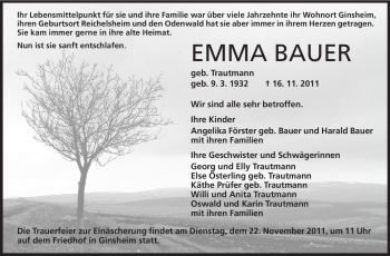 Traueranzeige von Emma Bauer von Odenwälder Echo