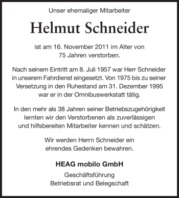 Traueranzeige von Helmut Schneider von Echo-Zeitungen (Gesamtausgabe)