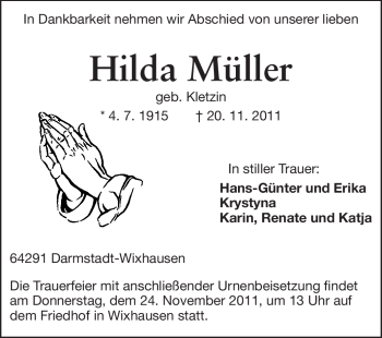 Traueranzeige von Hilda Müller von Echo-Zeitungen (Gesamtausgabe)