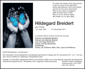 Traueranzeige von Hildegard Breidert von Rüsselsheimer Echo, Groß-Gerauer-Echo, Ried Echo