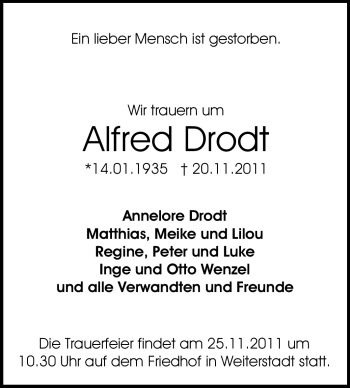 Traueranzeige von Alfred Drodt von Echo-Zeitungen (Gesamtausgabe)