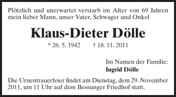 Traueranzeige von Klaus-Dieter Dölle von Darmstädter Echo, Odenwälder Echo, Rüsselsheimer Echo, Groß-Gerauer-Echo, Ried Echo