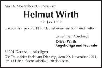 Traueranzeige von Helmut Wirth von Echo-Zeitungen (Gesamtausgabe)