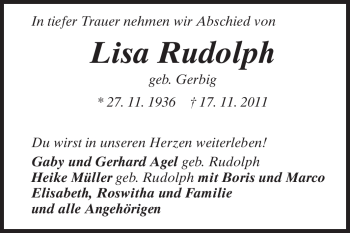 Traueranzeige von Lisa Rudolph von Odenwälder Echo