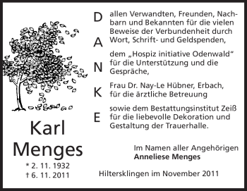 Traueranzeige von Karl Menges  von Odenwälder Echo