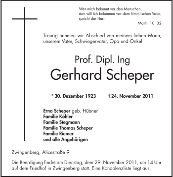 Traueranzeige von Gerhard Scheper von Echo-Zeitungen (Gesamtausgabe)