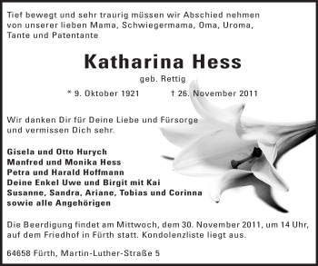 Traueranzeige von Katharina Hess von Starkenburger Echo