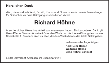Traueranzeige von Richard Höhne von Darmstädter Echo, Odenwälder Echo, Rüsselsheimer Echo, Groß-Gerauer-Echo, Ried Echo Traueranzeige von Richard Höhne von Darmstädter Echo, Odenwälder Echo, Rüsselsheimer Echo, Groß-Gerauer-Echo, Ried Echo